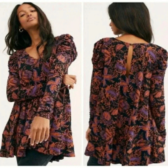 Free People Women Hello Lover Floral Tunic Dress Top Black Rutched Long Sleeve S - Picture 1 of 16